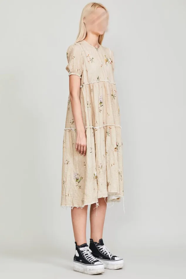 SHREDDED RELAXED MIDI 8211 FLORAL ON KHAKI Women R13 Dresses and Skirts