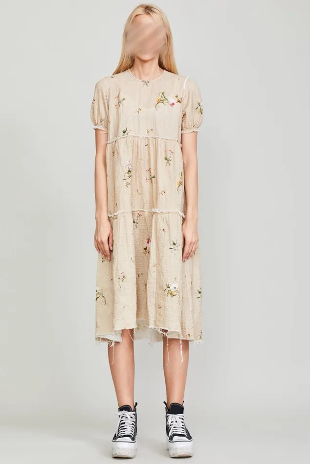SHREDDED RELAXED MIDI 8211 FLORAL ON KHAKI Women R13 Dresses and Skirts