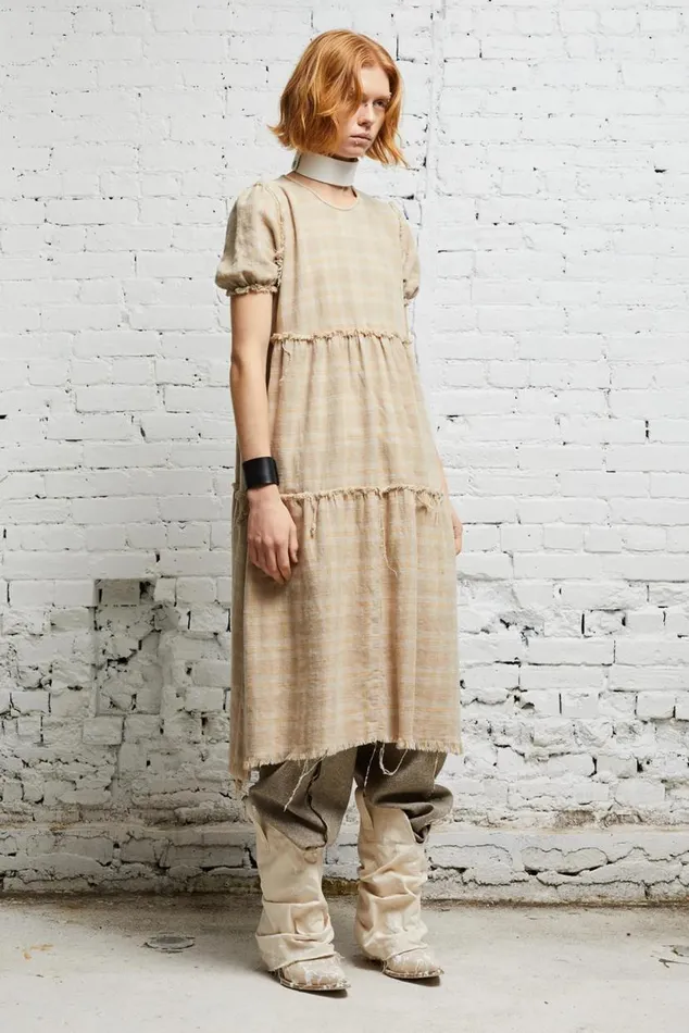 SHREDDED RELAXED MIDI 8211 OVERDYED KHAKI PLAID Women R13 Dresses and Skirts