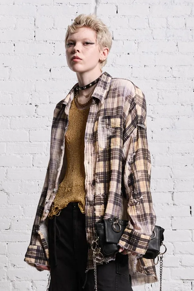 SHREDDED SEAM DROP NECK 8211 BLEACH PRINTED PLAID Women R13 Tops