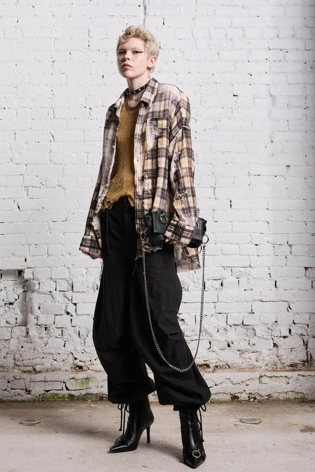 SHREDDED SEAM DROP NECK 8211 BLEACH PRINTED PLAID Women R13 Tops