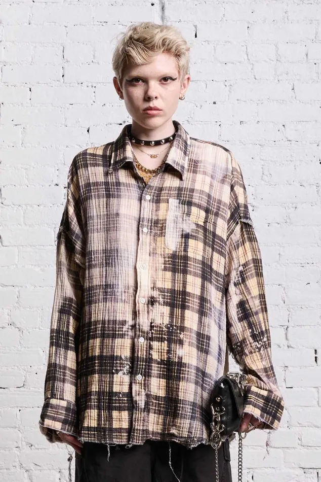SHREDDED SEAM DROP NECK 8211 BLEACH PRINTED PLAID Women R13 Tops