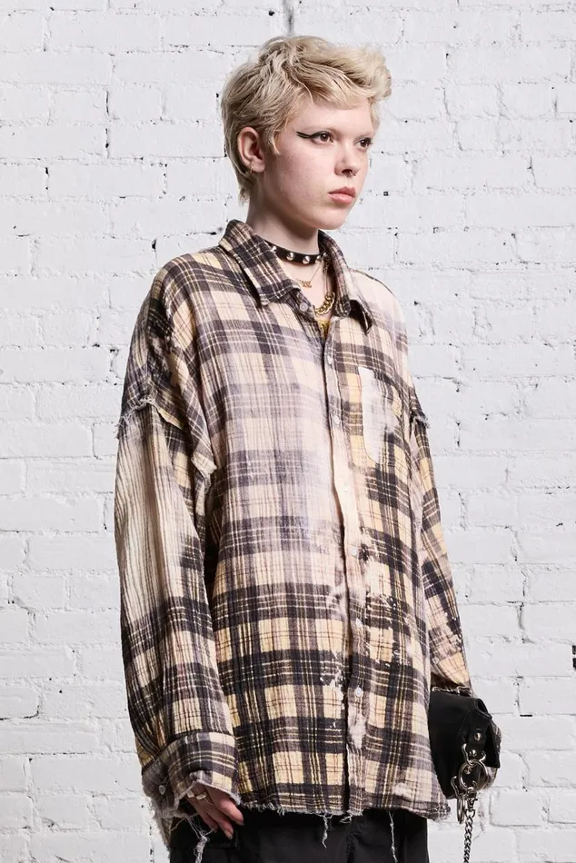 SHREDDED SEAM DROP NECK 8211 BLEACH PRINTED PLAID Women R13 Tops