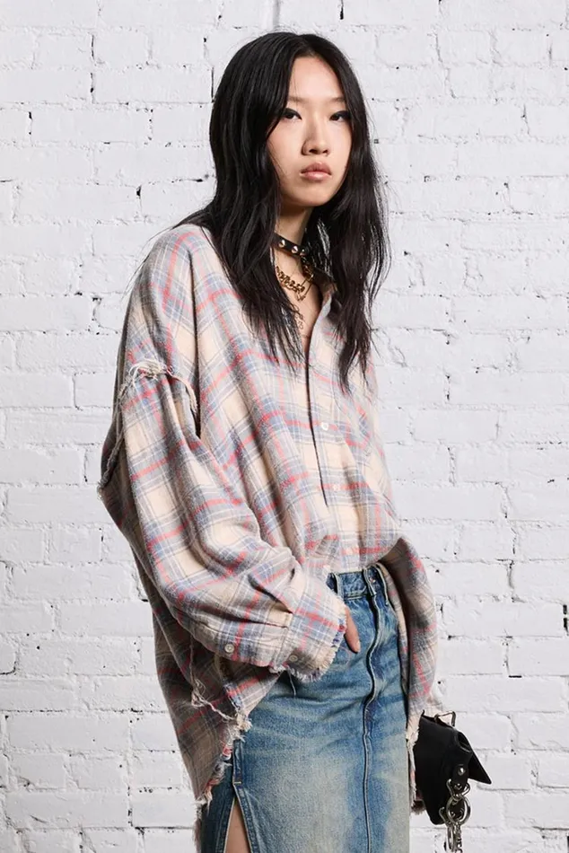 SHREDDED SEAM DROP NECK 8211 BLEACHED ECRU PLAID Women R13 Tops