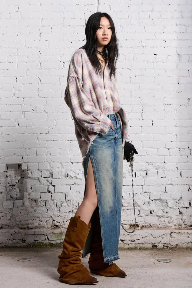 SHREDDED SEAM DROP NECK 8211 BLEACHED ECRU PLAID Women R13 Tops