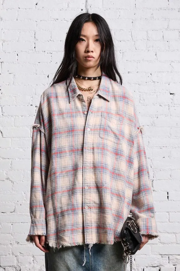SHREDDED SEAM DROP NECK 8211 BLEACHED ECRU PLAID Women R13 Tops