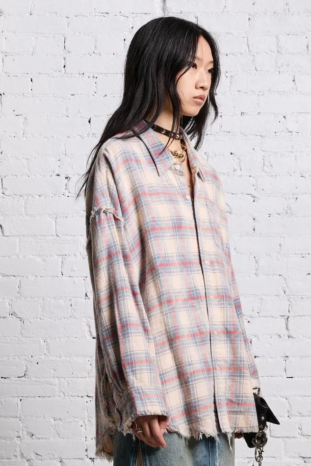 SHREDDED SEAM DROP NECK 8211 BLEACHED ECRU PLAID Women R13 Tops