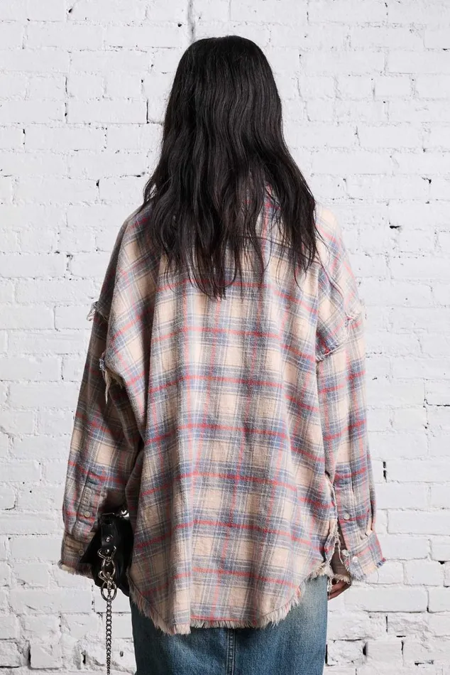 SHREDDED SEAM DROP NECK 8211 BLEACHED ECRU PLAID Women R13 Tops