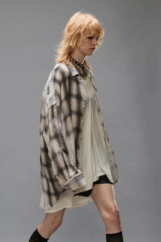 SHREDDED SEAM DROP NECK 8211 PRINTED GREY PLAID Women R13 Tops