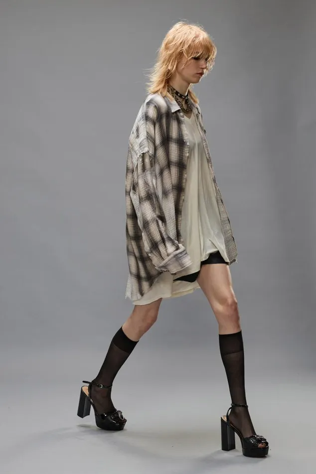 SHREDDED SEAM DROP NECK 8211 PRINTED GREY PLAID Women R13 Tops