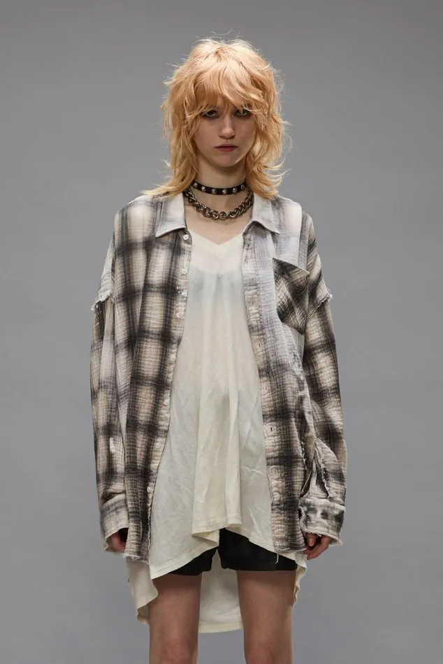 SHREDDED SEAM DROP NECK 8211 PRINTED GREY PLAID Women R13 Tops