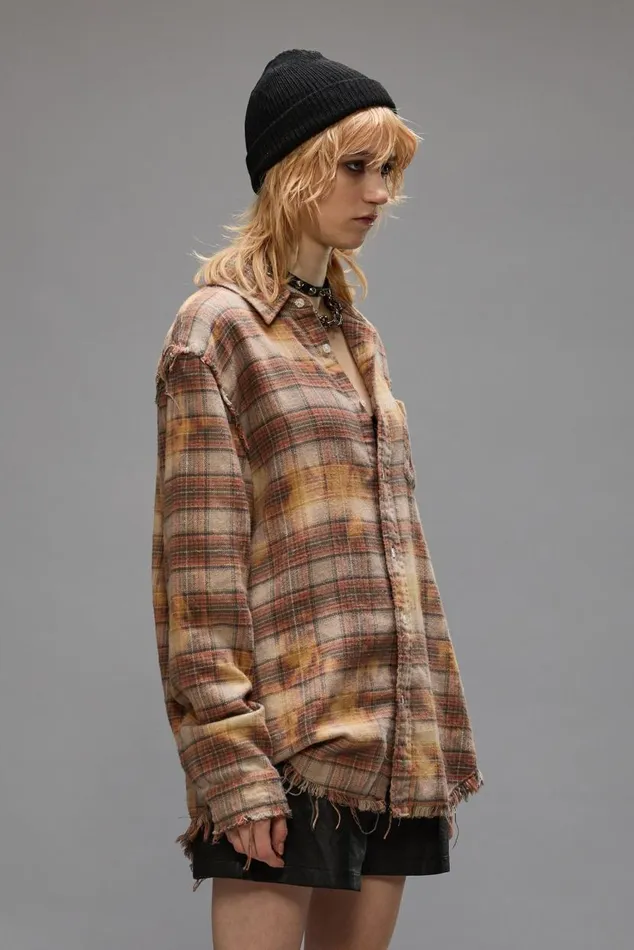 SHREDDED SEAM SHIRT 8211 BLEACHED ORANGE PLAID Women R13 Tops