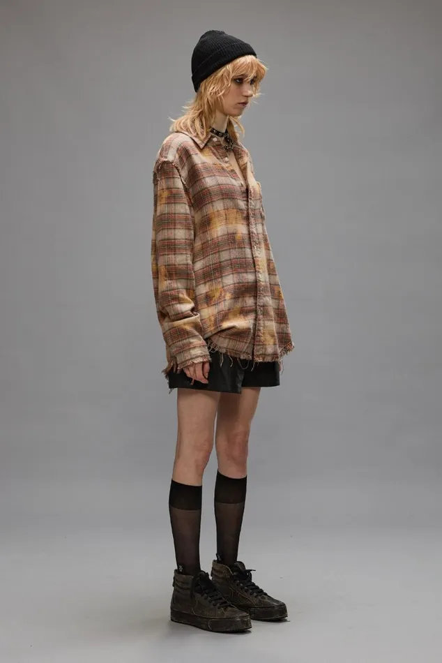 SHREDDED SEAM SHIRT 8211 BLEACHED ORANGE PLAID Women R13 Tops