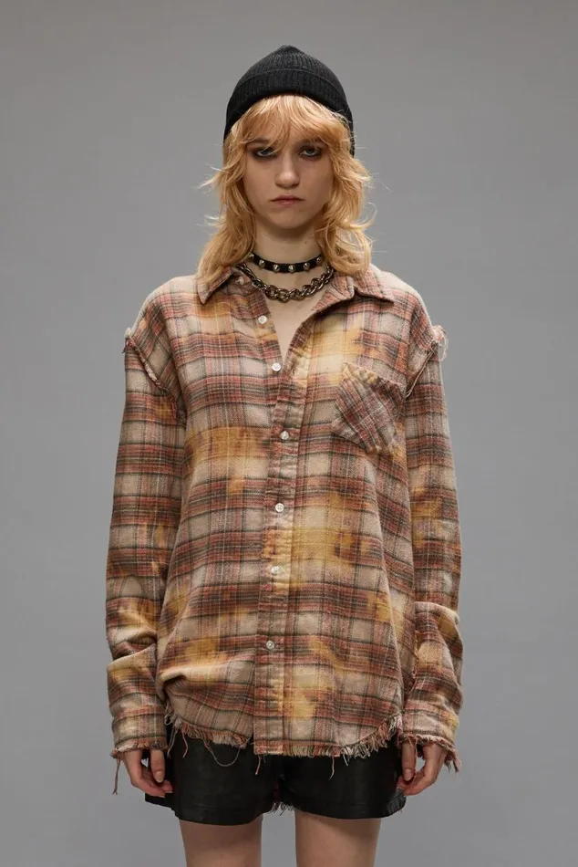 SHREDDED SEAM SHIRT 8211 BLEACHED ORANGE PLAID Women R13 Tops