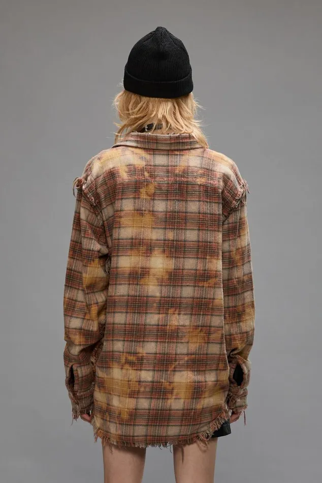 SHREDDED SEAM SHIRT 8211 BLEACHED ORANGE PLAID Women R13 Tops