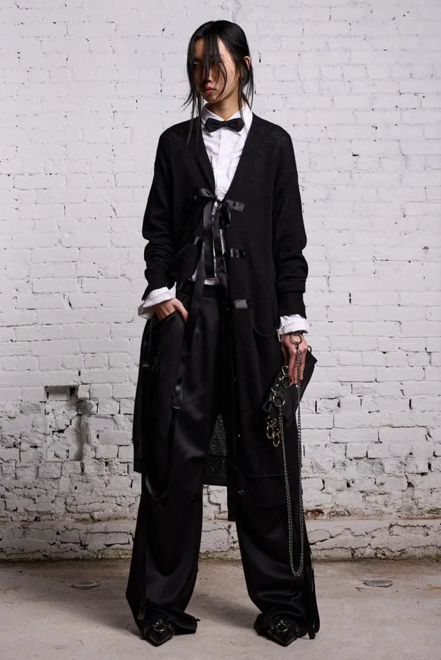 TAPE TIE LONG CARDIGAN 8211 BLACK AND SATIN Women R13 Sweaters
