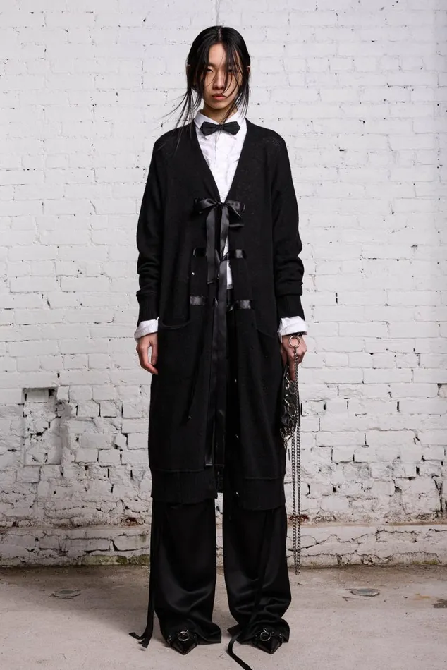 TAPE TIE LONG CARDIGAN 8211 BLACK AND SATIN Women R13 Sweaters TAPE TIE LONG CARDIGAN 8211 BLACK AND SATIN Women R13 Sweaters