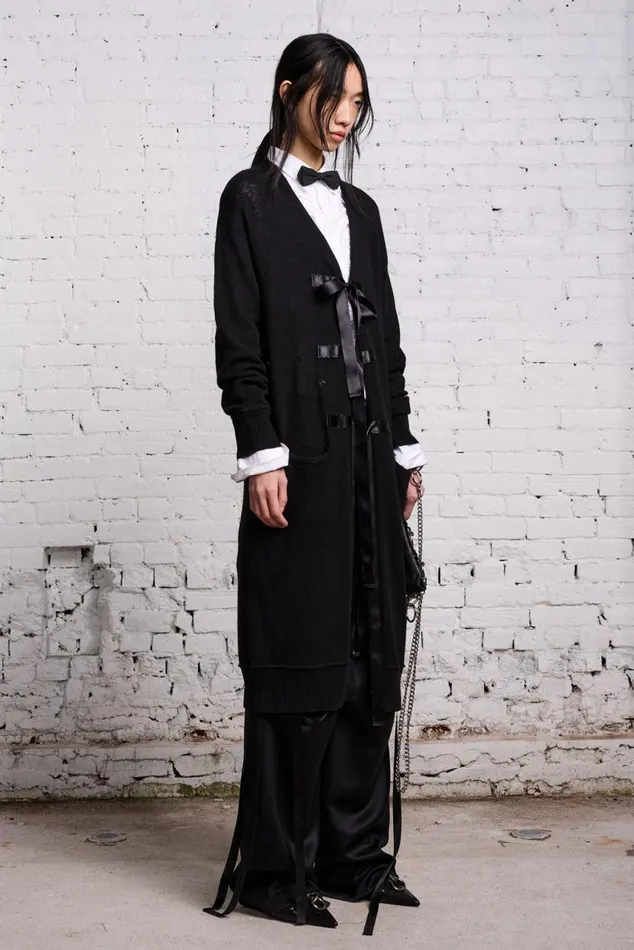 TAPE TIE LONG CARDIGAN 8211 BLACK AND SATIN Women R13 Sweaters TAPE TIE LONG CARDIGAN 8211 BLACK AND SATIN Women R13 Sweaters