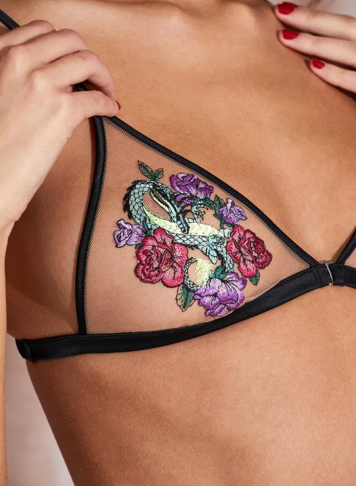Bralettes and Wireless Bras Lingerie Fleur Du Mal Dragon Embroidery Triangle Bra 0