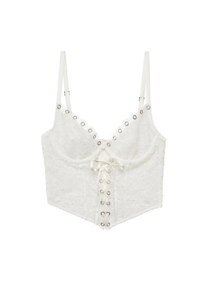 Bustiers and Bra Tops LingerieClothing Fleur Du Mal Eyelet Embroidery Lace Up Bustier Ivory