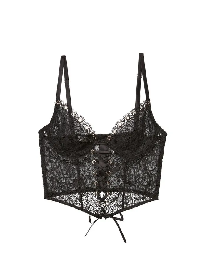 Bustiers and Bra Tops Lingerie Fleur Du Mal Eyelet Embroidery Lace Up Bustier Black