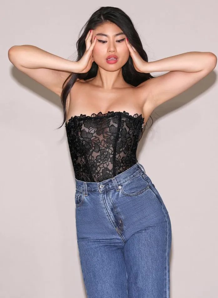 Bustiers and Bra Tops Lingerie Fleur Du Mal Whitney Embroidery Corset Top Black