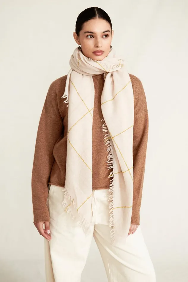 Chan Luu 100 Cashmere Scarf Golden Olive Windowpane Women Scarves