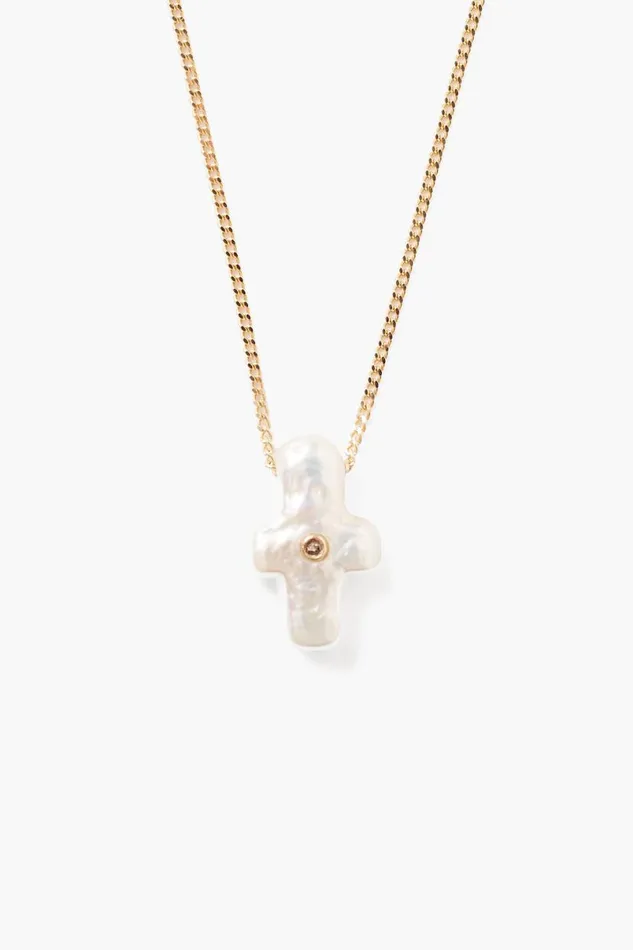 Chan Luu 14k Gold and Pearl Playa Cross Necklace Women Necklaces