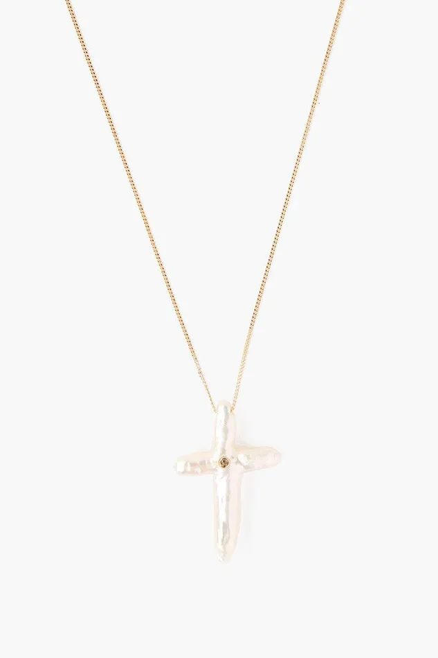 Chan Luu 14k White Baroque Pearl Cross And Champagne Diamond Necklace Women Necklaces