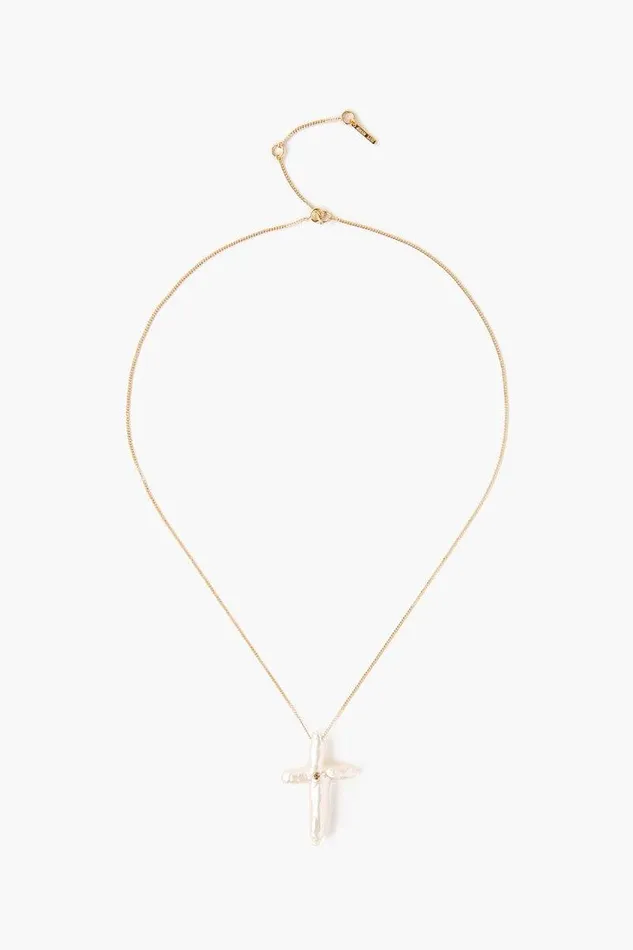 Chan Luu 14k White Baroque Pearl Cross And Champagne Diamond Necklace Women Necklaces