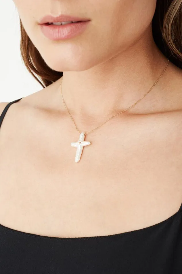 Chan Luu 14k White Baroque Pearl Cross And Champagne Diamond Necklace Women Necklaces