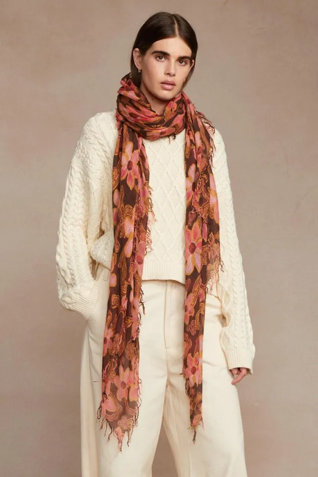 Chan Luu Cashmere And Silk Scarf Fired Brick Meadow Floral Women Scarves