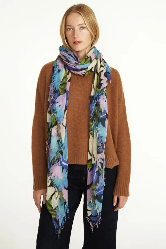 Chan Luu Cashmere And Silk Scarf Pageant Blue Floral Print Women Scarves