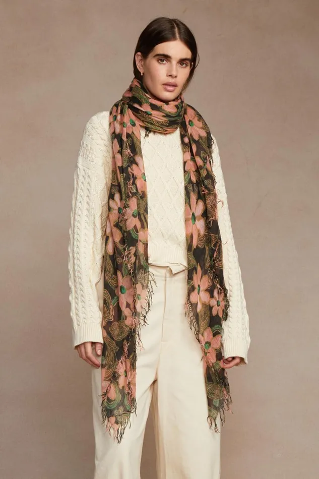 Chan Luu Cashmere And Silk Scarf Vibrant Green Meadow Floral Women Scarves