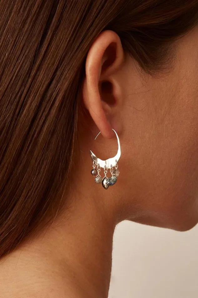 Chan Luu Petite Crescent Grey Pearl And Labradorite Mix Silver Hoop Earrings Women Earrings