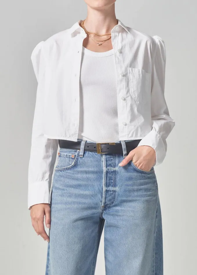 Citizens Of Humanity Nia Puff Sleeve Crop Shirt Optic White Women Tops