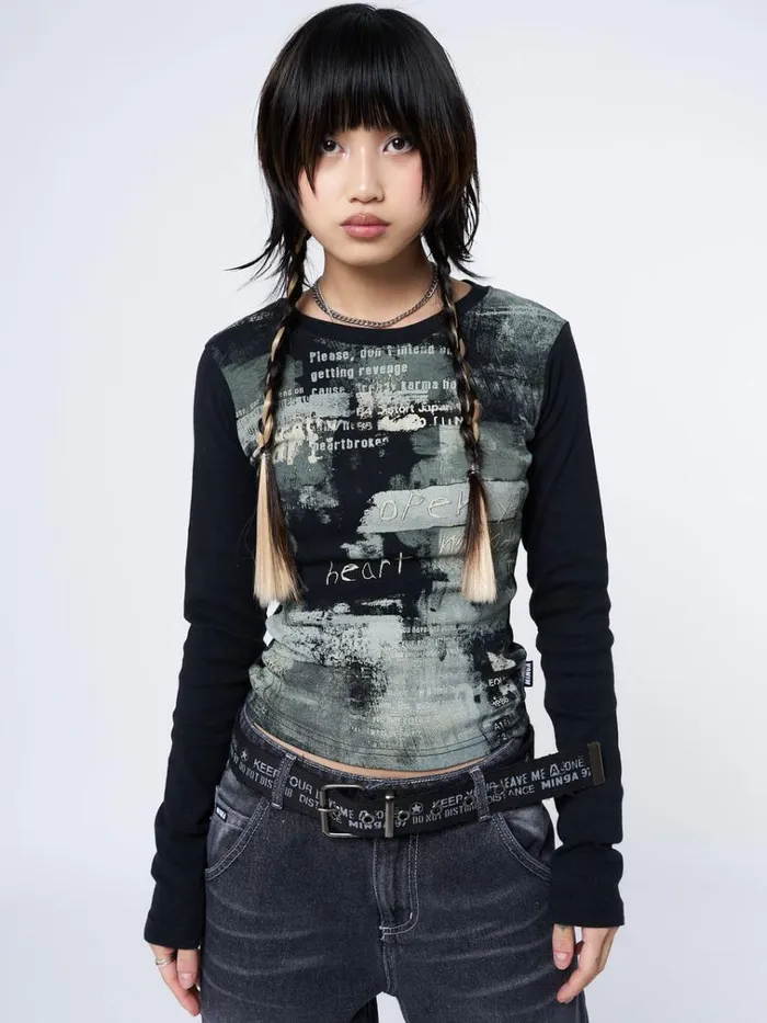 Clothing Abstrakt Black Green Graphic Top Minga London Long Sleeve Tops