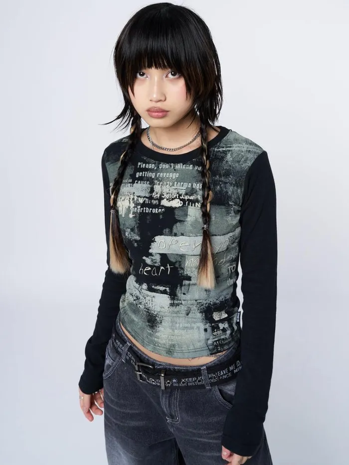 Clothing Abstrakt Black Green Graphic Top Minga London Long Sleeve Tops
