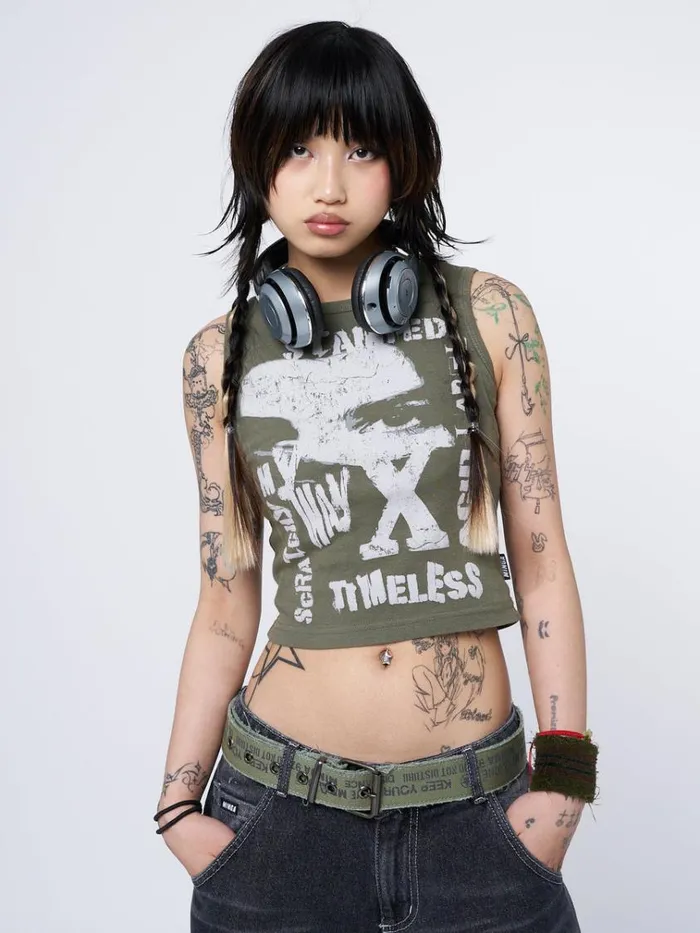 Clothing Acid Vision Khaki Graphic Vest Top Minga London Tank Tops