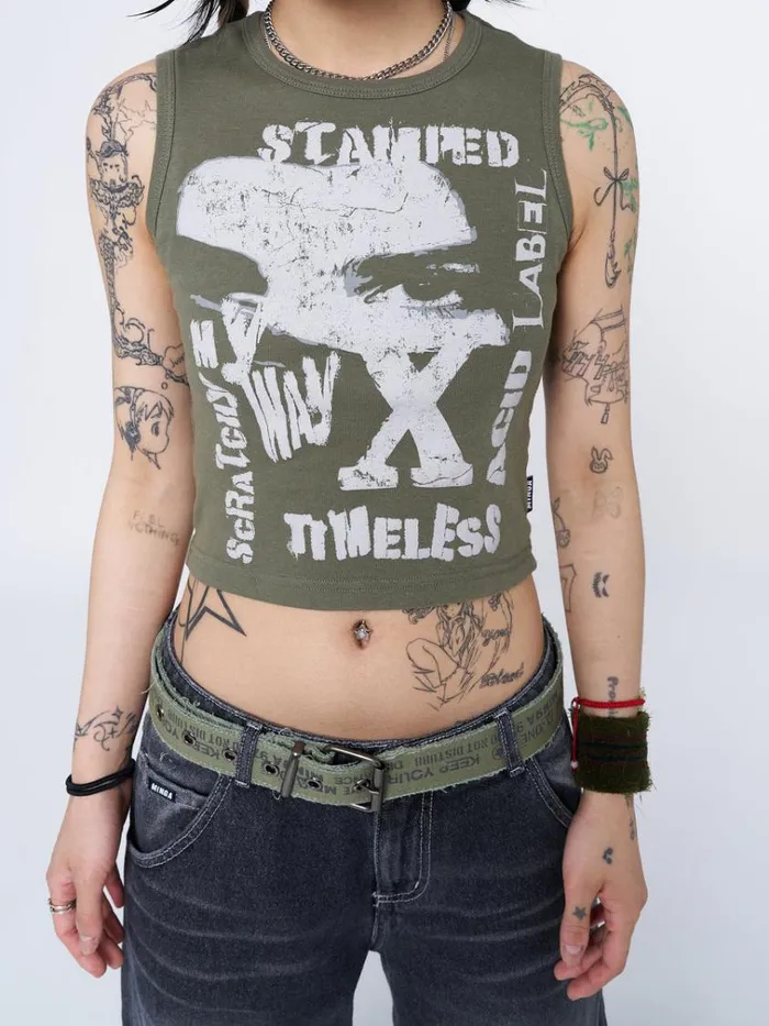 Clothing Acid Vision Khaki Graphic Vest Top Minga London Tank Tops