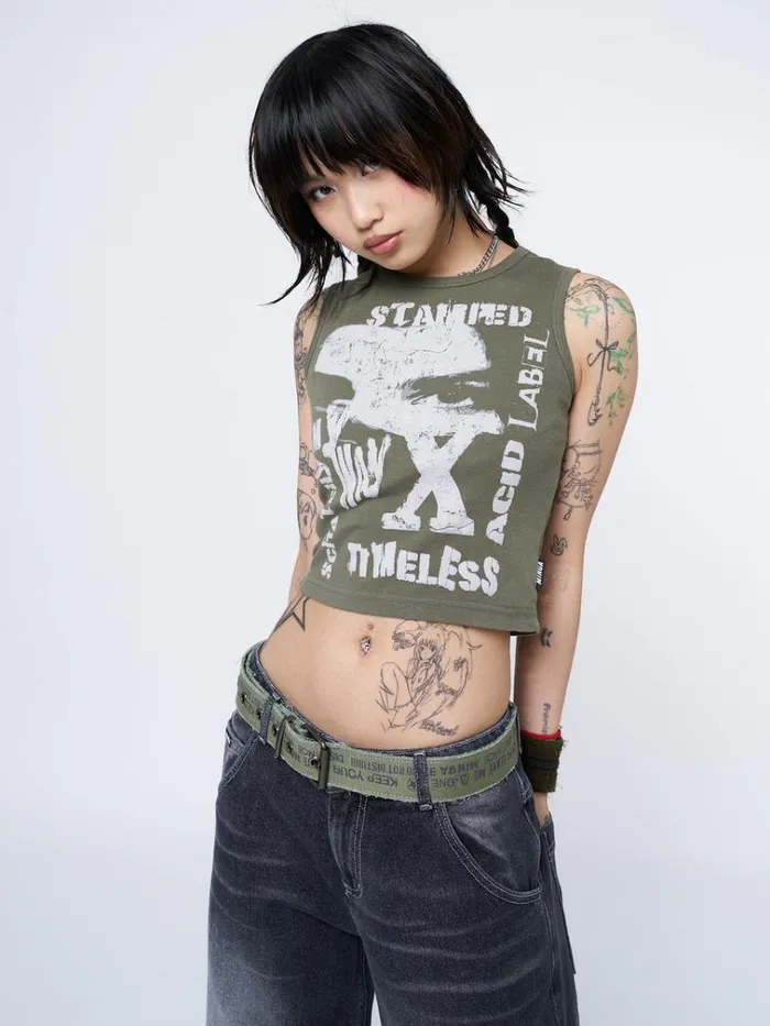 Clothing Acid Vision Khaki Graphic Vest Top Minga London Tank Tops