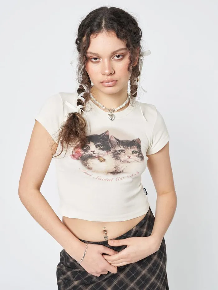 Clothing Anti Social Cat Club Ecru Baby Tee Minga London Crop Tops