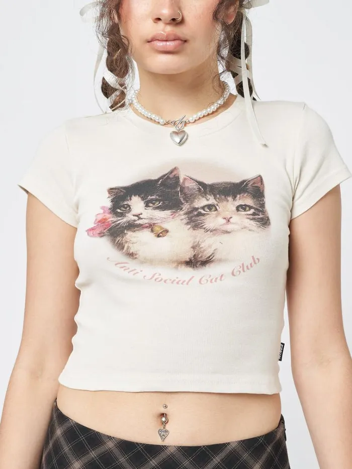 Clothing Anti Social Cat Club Ecru Baby Tee Minga London Crop Tops
