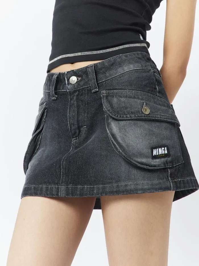Clothing Ashley Washed Black Mini Cargo Skirt Minga London Skirts