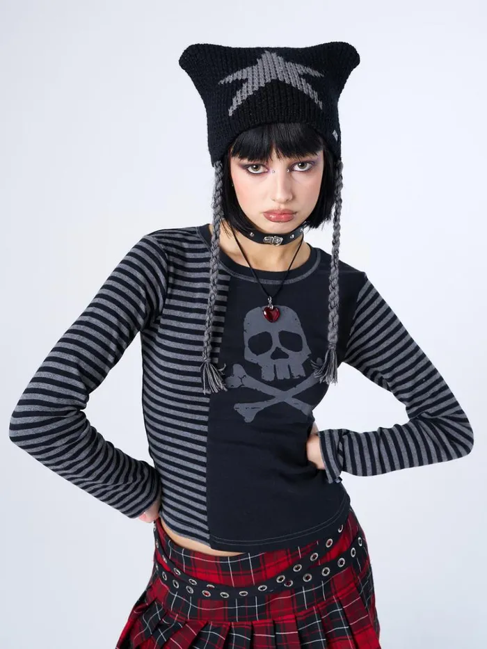 Clothing Avril Grey Skull Striped Top Minga London Long Sleeve Tops