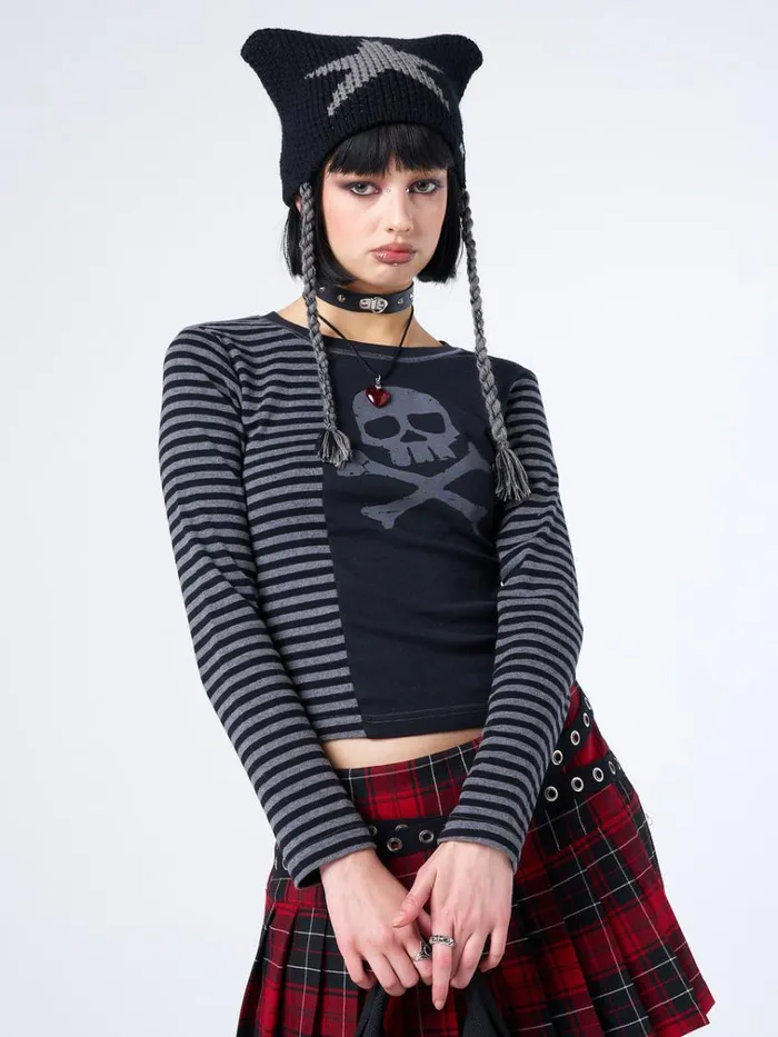 Clothing Avril Grey Skull Striped Top Minga London Long Sleeve Tops