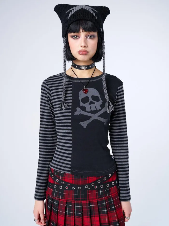 Clothing Avril Grey Skull Striped Top Minga London Long Sleeve Tops