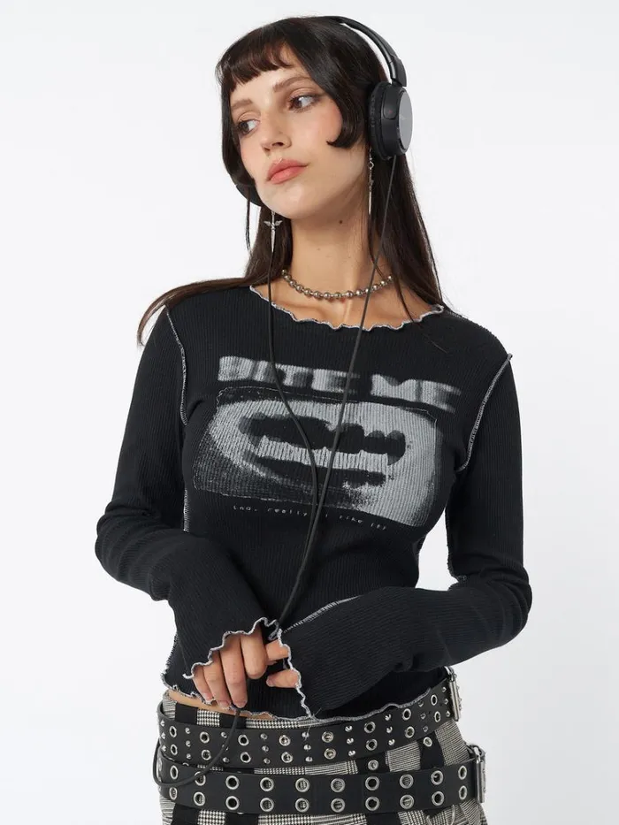 Clothing Bite Me Black Rib Top Minga London Long Sleeve Tops