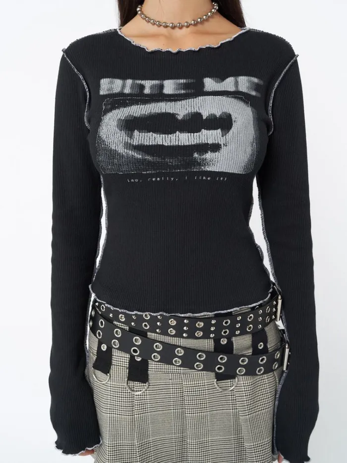 Clothing Bite Me Black Rib Top Minga London Long Sleeve Tops