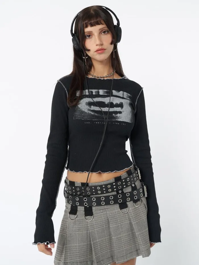 Clothing Bite Me Black Rib Top Minga London Long Sleeve Tops